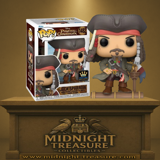 Funko Pop! Pirates of the Caribbean – Jack Sparrow (N°1482). Figurine exclusive Specialty Series représentant le capitaine sur un radeau avec son célèbre chapeau et sabre.