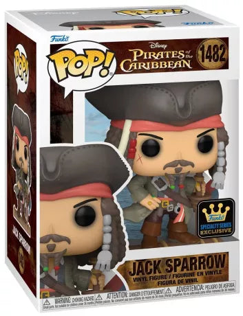 Funko Pop! Pirates of the Caribbean – Jack Sparrow (N°1482). Figurine exclusive Specialty Series représentant le capitaine sur un radeau avec son célèbre chapeau et sabre.