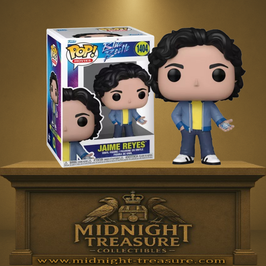 Funko Pop! Blue Beetle – Jaime Reyes – N°1404. Figurine de Jaime avec veste bleue, t-shirt jaune et Scarabée en main. Un incontournable pour les fans du film DC.
