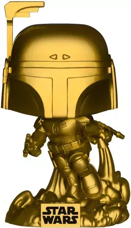 Funko Pop! Jango Fett 285 - Gold Metallic - Star Wars Special Edition. Version exclusive dorée du célèbre chasseur de primes mandalorien, avec son jetpack activé et ses blasters en main. Une pièce unique pour les collectionneurs de Star Wars.