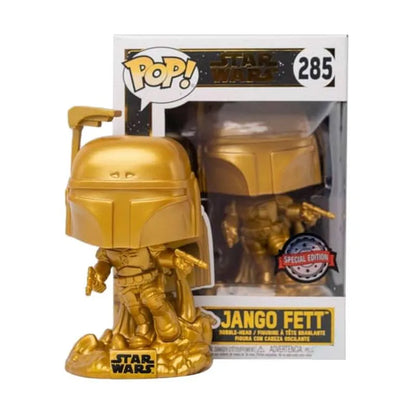 Funko Pop! Jango Fett 285 - Gold Metallic - Star Wars Special Edition. Version exclusive dorée du célèbre chasseur de primes mandalorien, avec son jetpack activé et ses blasters en main. Une pièce unique pour les collectionneurs de Star Wars.