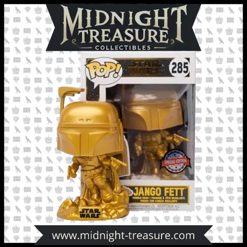 "Funko Pop! Jango Fett 285 - Gold Metallic - Star Wars Special Edition. Version exclusive dorée du célèbre chasseur de primes mandalorien, avec son jetpack activé et ses blasters en main. Une pièce unique pour les collectionneurs de Star Wars.