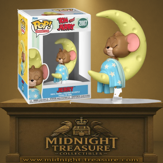 Funko Pop! Tom & Jerry – Jerry endormi (N°2007). Figurine représentant Jerry blotti contre une lune, emmitouflé dans une couverture étoilée. Une version adorable et incontournable pour les fans de Tom & Jerry.