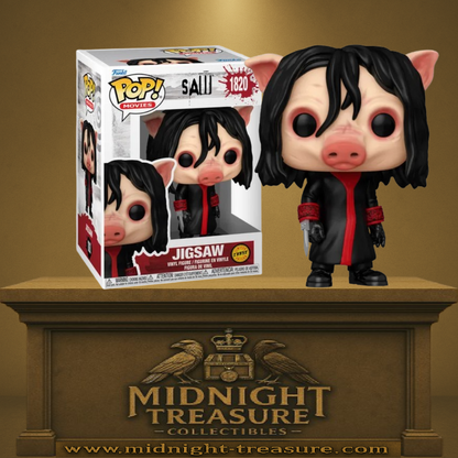 Funko Pop! Saw – Jigsaw (Chase, Masque de Cochon) (N°1820). Personnage encapuchonné avec masque de cochon et lame à la main. Une édition rare et effrayante pour les fans de la saga Saw.
