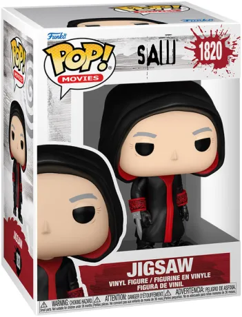 Funko Pop! Saw – Jigsaw (N°1820). Personnage encapuchonné en noir et rouge tenant une lame. Une figurine sombre et fidèle au maître des pièges mortels de la saga Saw.

