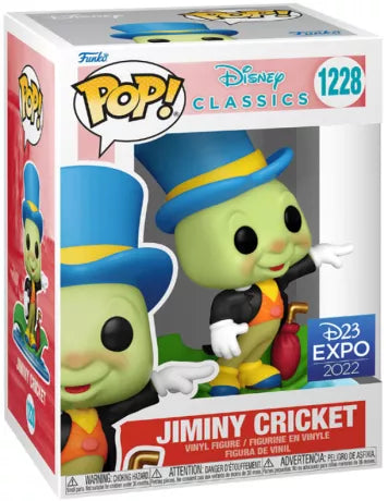 Funko Pop! Jiminy Cricket (1228) – Disney D23 Expo 2022 Exclusive, figurine détaillée de Jiminy Cricket sur une feuille flottante, issue du classique Pinocchio.