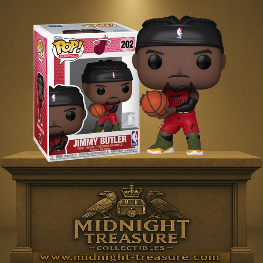Funko Pop! NBA – Jimmy Butler (N°202). Figurine du joueur du Miami Heat en tenue rouge, ballon à la main et bandeau noir. Parfaite pour les fans de basketball