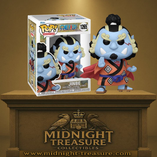 Funko Pop! One Piece – Jinbe (N°1265). Figurine fidèle du timonnier des Mugiwara dans sa tenue orange, en posture de karaté. Un incontournable pour les fans de One Piece.