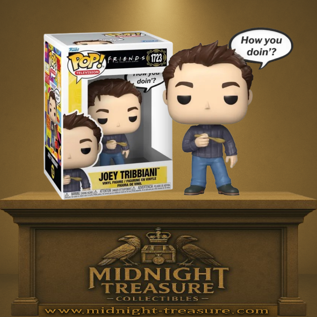 Funko Pop! Friends – Joey Tribbiani (N°1723). Figurine de Joey tenant une cuillère avec la bulle "How you doin’?". Une pièce culte pour les fans de Friends et des sitcoms légendaires.
