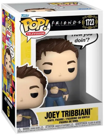 Funko Pop! Friends – Joey Tribbiani (N°1723). Figurine de Joey tenant une cuillère avec la bulle "How you doin’?". Une pièce culte pour les fans de Friends et des sitcoms légendaires.