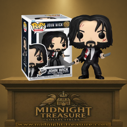 Funko Pop! John Wick 2 – John Wick (N°1763). Figurine de John Wick en costume noir taché de sang, armé de deux couteaux avec cicatrices au visage. Une pièce culte et intense pour les fans de la saga John Wick.