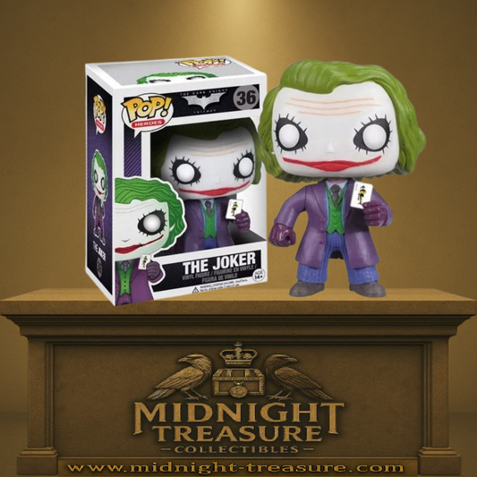 Funko Pop! The Dark Knight – The Joker (N°36). Joker en costume violet avec carte en main, maquillage blanc et cheveux verts. Figurine détaillée et culte pour les fans de DC.