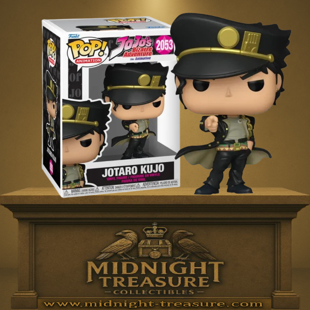 Funko Pop! JoJo’s Bizarre Adventure – Jotaro Kujo (N°2053). Figurine du célèbre héros avec chapeau noir et manteau flottant. Un incontournable pour les fans de la saga JoJo.