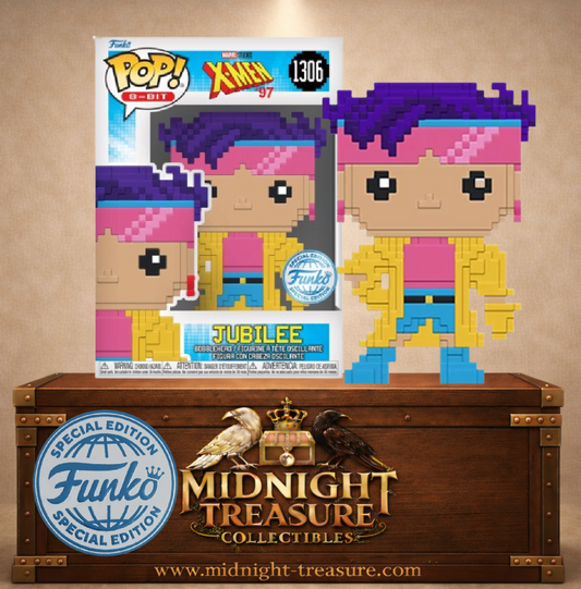 Figurine Funko Pop! Jubilee (1306) de X-Men '97 en version 8-Bit, portant un manteau jaune, un bandeau rose et des bottes bleues, en édition spéciale exclusive