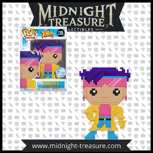 Figurine Funko Pop! Jubilee (1306) de X-Men '97 en version 8-Bit, portant un manteau jaune, un bandeau rose et des bottes bleues, en édition spéciale exclusive