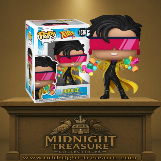 Funko Pop! X-Men ’97 – Jubilee (N°1536). Figurine de Jubilee avec manteau jaune, lunettes roses et pouvoirs lumineux multicolores. Une pièce éclatante et incontournable pour les fans de Marvel et des X-Men.