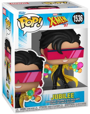 Funko Pop! X-Men ’97 – Jubilee (N°1536). Figurine de Jubilee avec manteau jaune, lunettes roses et pouvoirs lumineux multicolores. Une pièce éclatante et incontournable pour les fans de Marvel et des X-Men.