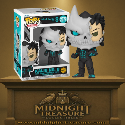 Funko Pop! Kaiju No. 8 – Kafka Hibino (N°2079 Chase). Figurine exclusive représentant Kafka mi-humain, mi-Kaiju, avec son masque osseux et ses yeux turquoise brillants. Une édition rare pour les fans du manga Kaiju No. 8.