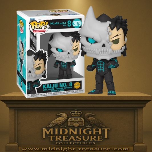 Funko Pop! Kaiju No. 8 – Kafka Hibino (N°2079 Chase). Figurine exclusive représentant Kafka mi-humain, mi-Kaiju, avec son masque osseux et ses yeux turquoise brillants. Une édition rare pour les fans du manga Kaiju No. 8.