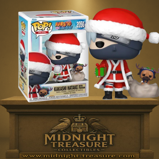 Funko Pop! Naruto Shippuden – Kakashi Hatake Christmas with Pakkun (N°2050). Figurine représentant Kakashi en père Noël avec Pakkun déguisé en renne. Une édition festive et incontournable pour les fans de Naruto.