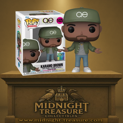Funko Pop! Queer Eye – Karamo Brown (N°1425). Casquette “QE”, veste verte et pose ouverte. Une figurine élégante pour les fans de coaching, de bienveillance et de la série Netflix.