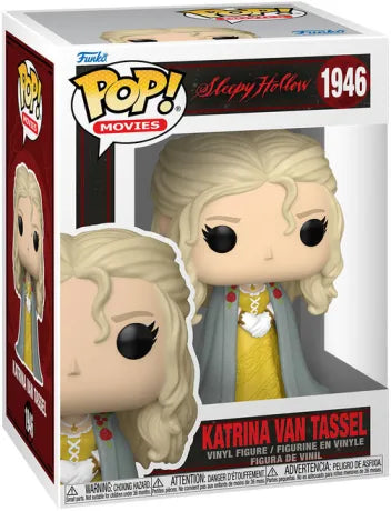 Funko Pop! Sleepy Hollow – Katrina Van Tassel (N°1946). Figurine détaillée du personnage en robe jaune et manteau brodé, inspirée du film culte de Tim Burton.