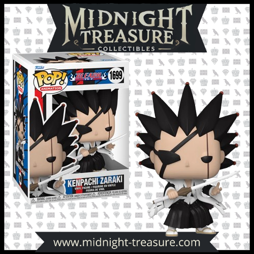 "Funko Pop! Bleach – Kenpachi Zaraki (1699). Le capitaine du 11e division du Gotei 13 dans sa tenue iconique, armé de son zanpakuto et affichant son look redoutable. Une figurine incontournable pour les fans de Bleach et des combats épiques de la Soul Society !"