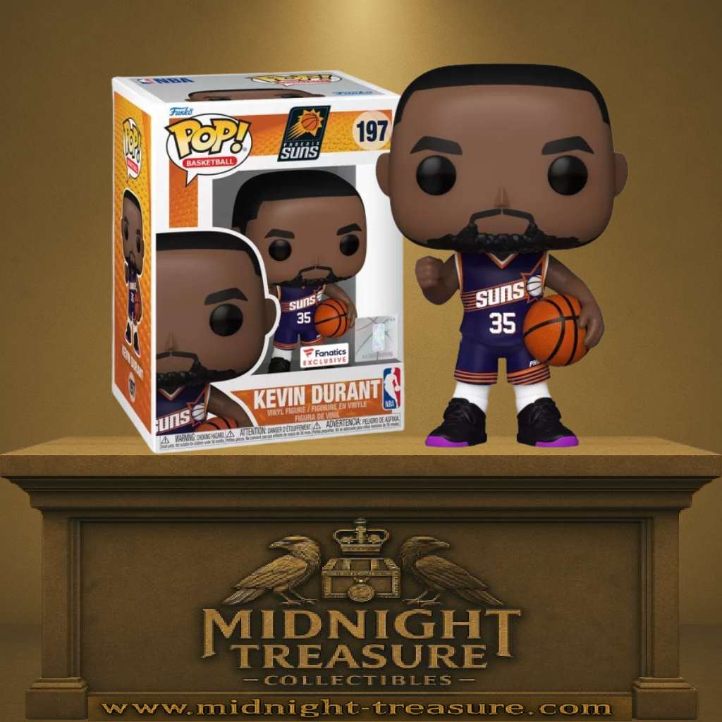 Funko Pop! NBA – Kevin Durant (N°197) – Phoenix Suns – Fanatics Exclusive. Figurine représentant Kevin Durant en tenue violette des Suns, ballon en main, prêt à jouer.