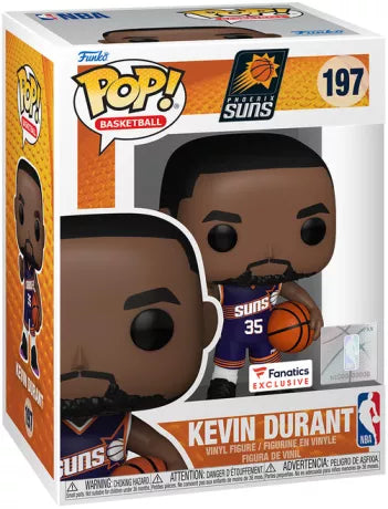 Funko Pop! NBA – Kevin Durant (N°197) – Phoenix Suns – Fanatics Exclusive. Figurine représentant Kevin Durant en tenue violette des Suns, ballon en main, prêt à jouer.