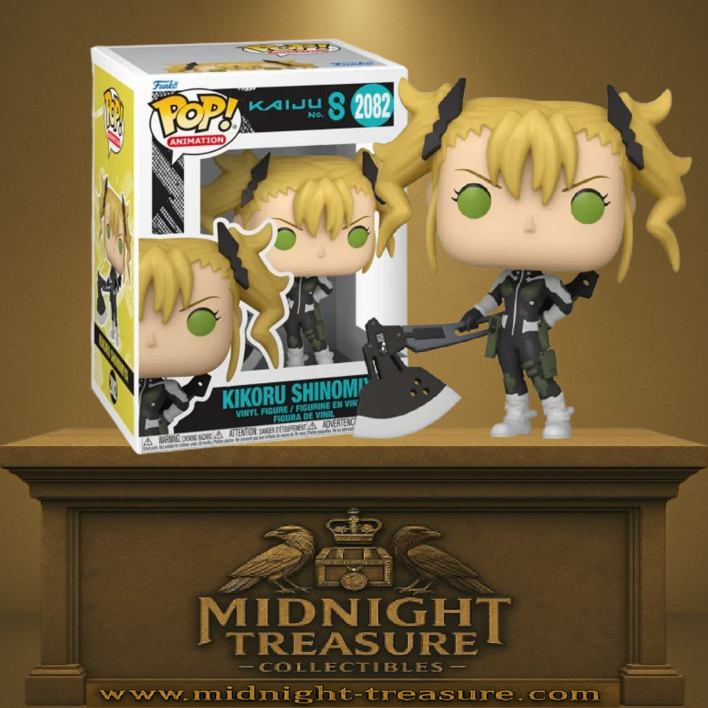 Funko Pop! Kaiju No. 8 – Kikoru Shinomiya (N°2082). Figurine représentant Kikoru en tenue de combat noire et verte avec une hache d’assaut. Une Pop! dynamique et puissante pour les fans d’anime.