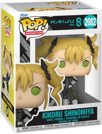Funko Pop! Kaiju No. 8 – Kikoru Shinomiya (N°2082). Figurine représentant Kikoru en tenue de combat noire et verte avec une hache d’assaut. Une Pop! dynamique et puissante pour les fans d’anime.