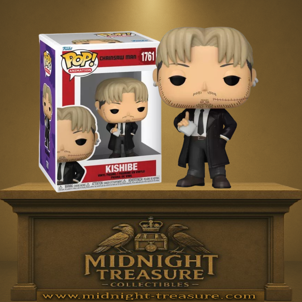 Funko Pop! Chainsaw Man – Kishibe (N°1761). Kishibe en costume noir avec manteau long, cicatrices sur le visage et main bandée. Une figurine fidèle et stylisée du vétéran chasseur de démons.