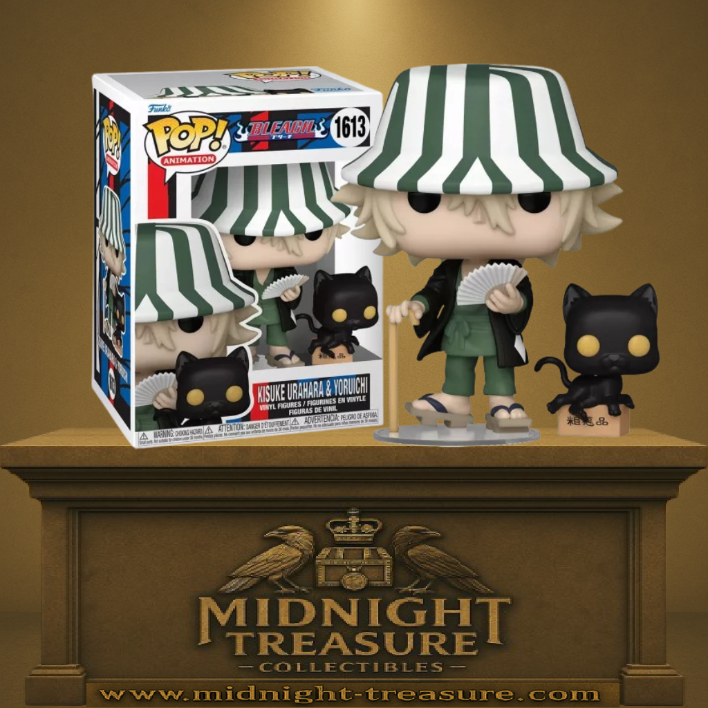 Funko Pop! Bleach – Kisuke Urahara & Yoruichi (N°1613). Figurine duo avec Kisuke en bob rayé, éventail et canne, accompagné de Yoruichi sous sa forme de chat noir. Un pack culte pour les fans de Bleach.