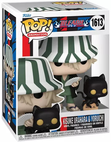 Funko Pop! Bleach – Kisuke Urahara & Yoruichi (N°1613). Figurine duo avec Kisuke en bob rayé, éventail et canne, accompagné de Yoruichi sous sa forme de chat noir. Un pack culte pour les fans de Bleach.