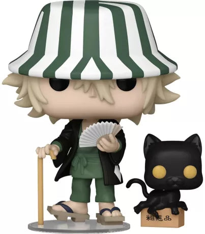 Funko Pop! Bleach – Kisuke Urahara & Yoruichi (N°1613). Figurine duo avec Kisuke en bob rayé, éventail et canne, accompagné de Yoruichi sous sa forme de chat noir. Un pack culte pour les fans de Bleach.
