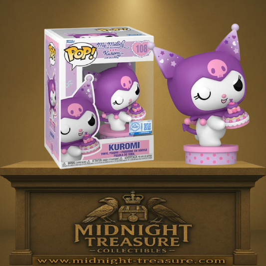 Funko Pop! Sanrio – Kuromi avec Gâteau (N°108) Édition 20e anniversaire. Capuche violette, gâteau rose et violet, socle rose à pois. Figurine kawaii idéale pour les fans de My Melody et Kuromi.

