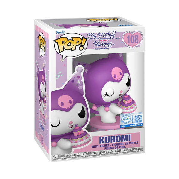 Funko Pop! Sanrio – Kuromi avec Gâteau (N°108) Édition 20e anniversaire. Capuche violette, gâteau rose et violet, socle rose à pois. Figurine kawaii idéale pour les fans de My Melody et Kuromi.

