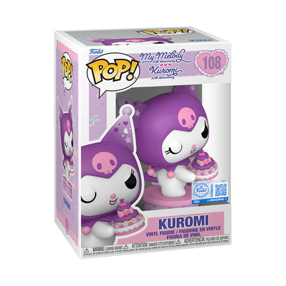Funko Pop! Sanrio – Kuromi avec Gâteau (N°108) Édition 20e anniversaire. Capuche violette, gâteau rose et violet, socle rose à pois. Figurine kawaii idéale pour les fans de My Melody et Kuromi.

