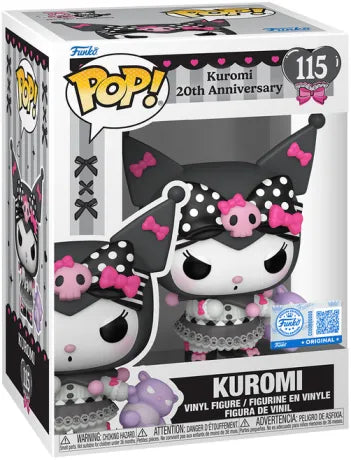 Funko Pop! Sanrio – Kuromi (20th Anniversary) (N°115). Figurine mignonne et gothique avec tenue noire et rose, crâne emblématique et peluche violette. Une Pop! adorable et rebelle pour les fans de Kuromi.