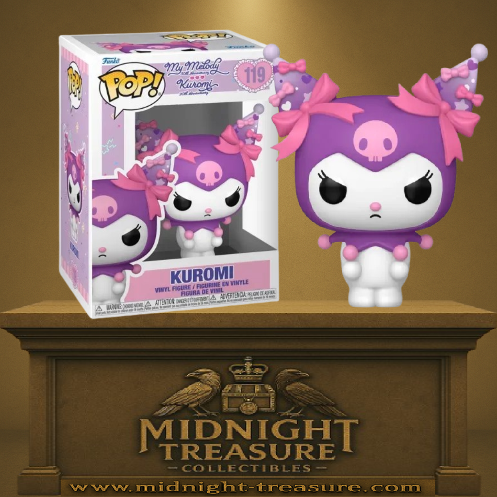 Funko Pop! Sanrio – Kuromi (N°119) – My Melody & Kuromi 20th Anniversary. Figurine violette avec rubans roses et look kawaii rebelle, édition spéciale anniversaire.