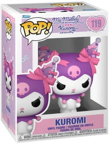 Funko Pop! Sanrio – Kuromi (N°119) – My Melody & Kuromi 20th Anniversary. Figurine violette avec rubans roses et look kawaii rebelle, édition spéciale anniversaire.
