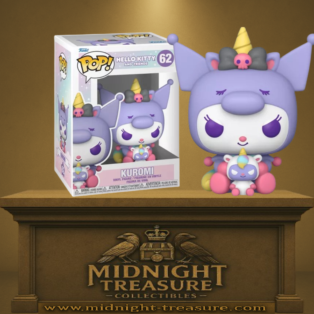 Funko Pop! Hello Kitty and Friends – Kuromi (N°62). Figurine violette avec corne de licorne dorée et peluche licorne, design kawaii aux couleurs pastel.