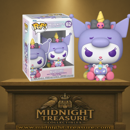 Funko Pop! Hello Kitty and Friends – Kuromi (N°62). Figurine violette avec corne de licorne dorée et peluche licorne, design kawaii aux couleurs pastel.