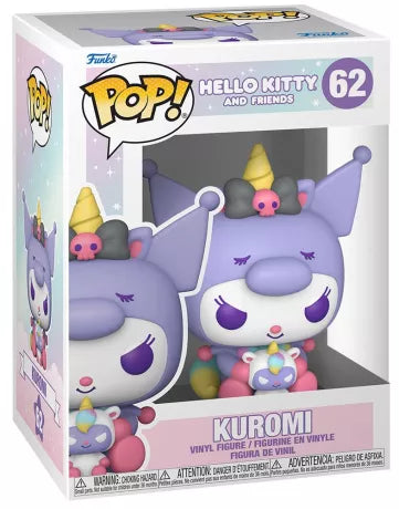 Funko Pop! Hello Kitty and Friends – Kuromi (N°62). Figurine violette avec corne de licorne dorée et peluche licorne, design kawaii aux couleurs pastel.