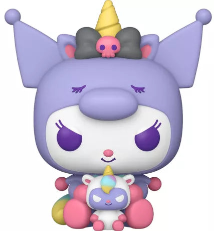 Funko Pop! Hello Kitty and Friends – Kuromi (N°62). Figurine violette avec corne de licorne dorée et peluche licorne, design kawaii aux couleurs pastel.