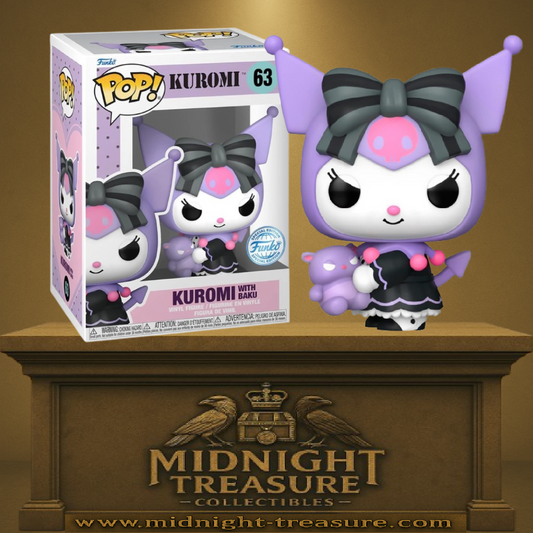 Funko Pop! Sanrio – Kuromi with Baku (N°63). Figurine représentant Kuromi avec son nœud noir et rose et son compagnon Baku violet. Une édition spéciale parfaite pour les fans de Sanrio.