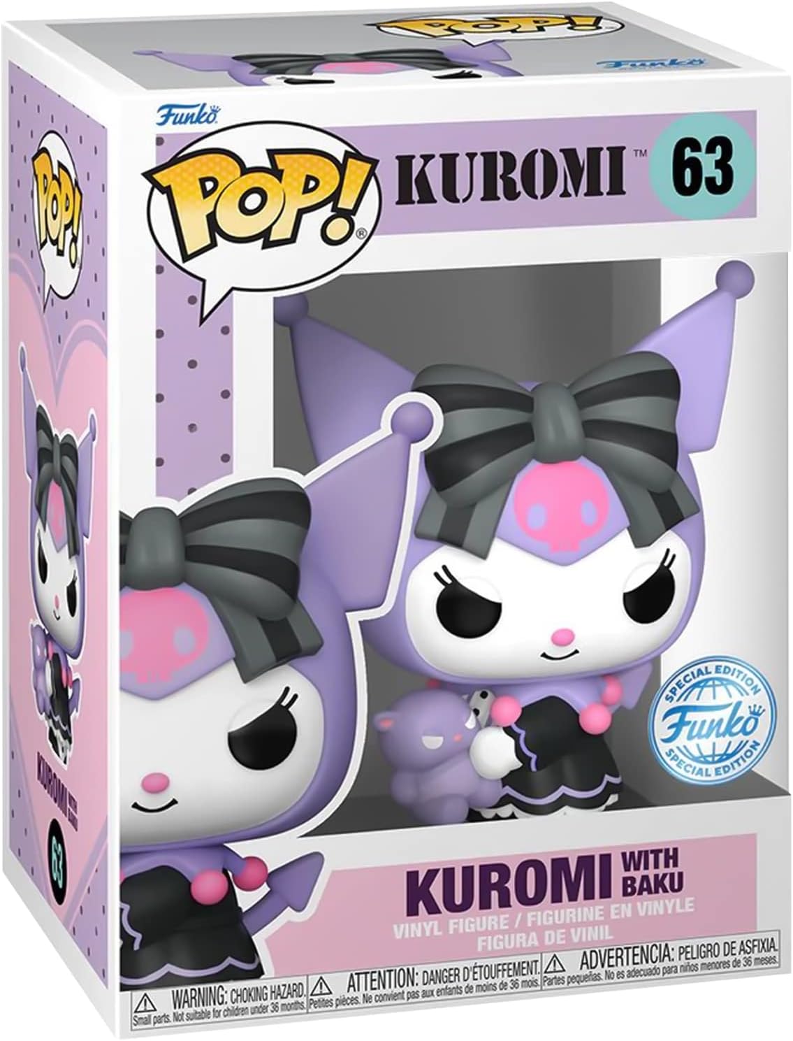 Funko Pop! Sanrio – Kuromi with Baku (N°63). Figurine représentant Kuromi avec son nœud noir et rose et son compagnon Baku violet. Une édition spéciale parfaite pour les fans de Sanrio.