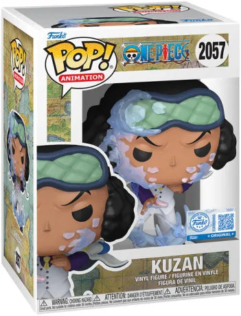 Funko Pop! One Piece – Kuzan (Aokiji) (N°2057). Figurine du personnage avec effets de glace, uniforme blanc et masque vert, représentant ses pouvoirs du Hie Hie no Mi.