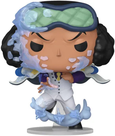 Funko Pop! One Piece – Kuzan (Aokiji) (N°2057). Figurine du personnage avec effets de glace, uniforme blanc et masque vert, représentant ses pouvoirs du Hie Hie no Mi.