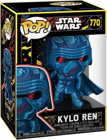 Funko Pop! Star Wars – Kylo Ren (N°770) – Retro Series. Kylo Ren avec un design bleu-rouge stylisé, sabre laser rouge en main. Une figurine artistique incontournable pour les fans de Star Wars.